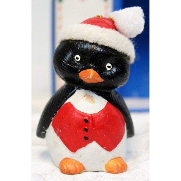 VTG 80s Porcelain Christmas Penguin Ornament Bell Santa Pom-Pom Vest Gift Black - Picture 2 of 12